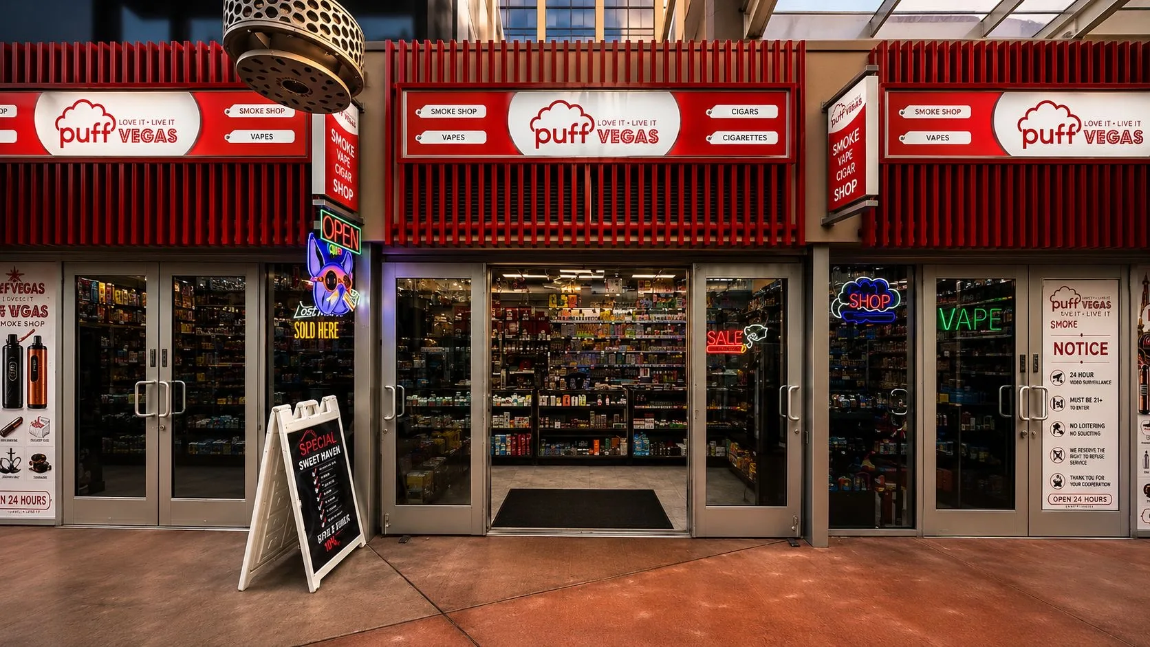 The Puff Vegas storefront: lit red awning, open glass doors, OPEN neon, the shop glowing behind.