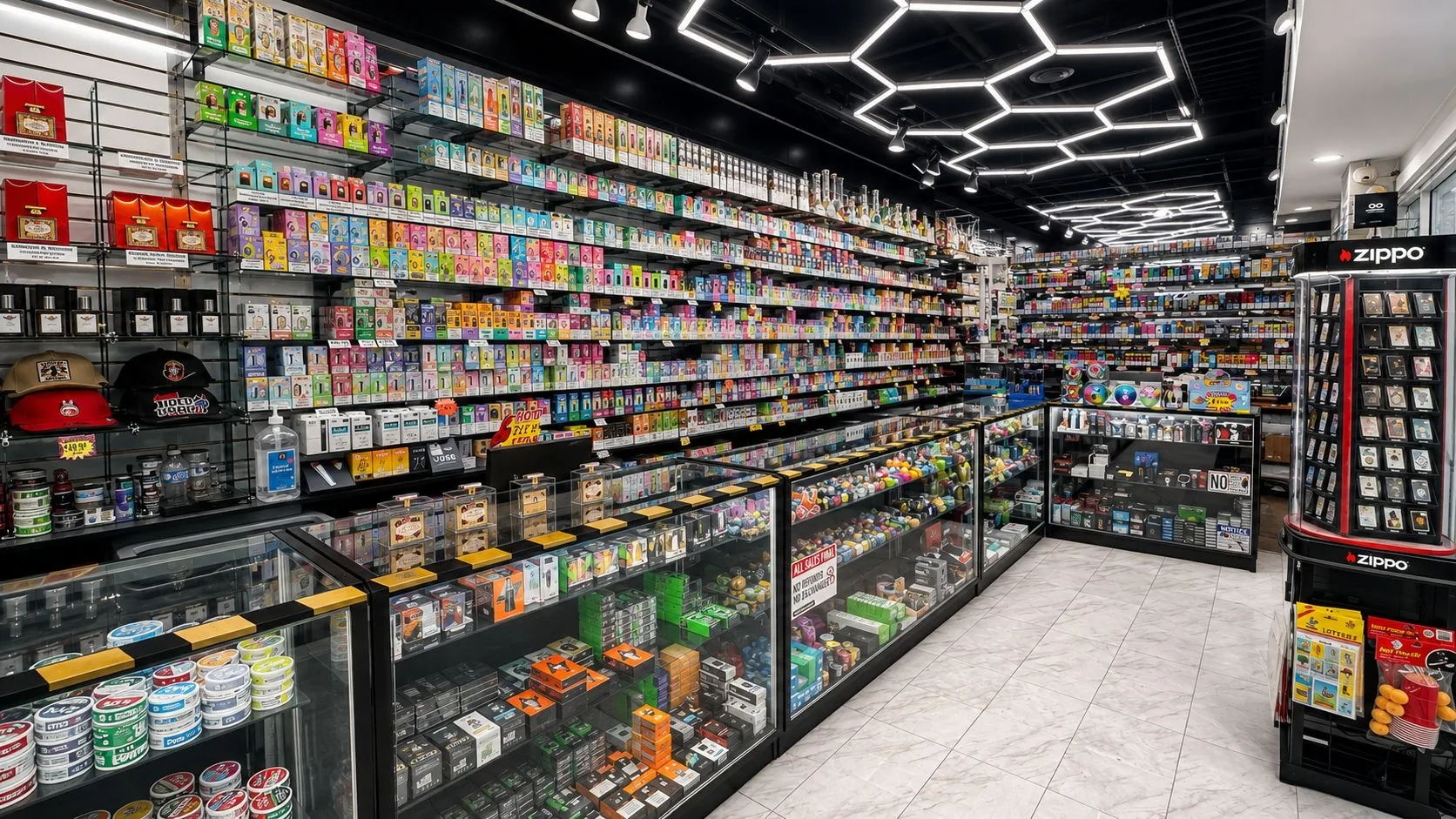 The floor at Puff Vegas: a full wall of disposables and accessories, glass cases, and a Zippo display under hexagon lights.