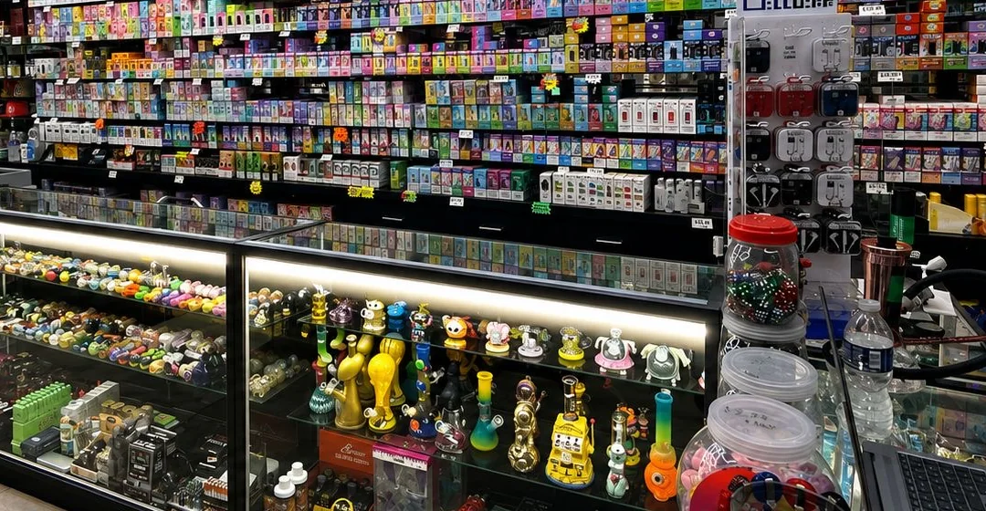 The glass case at Puff Vegas: a lit display of figurine bongs, rigs and silicone pieces, the wall of disposables behind it.