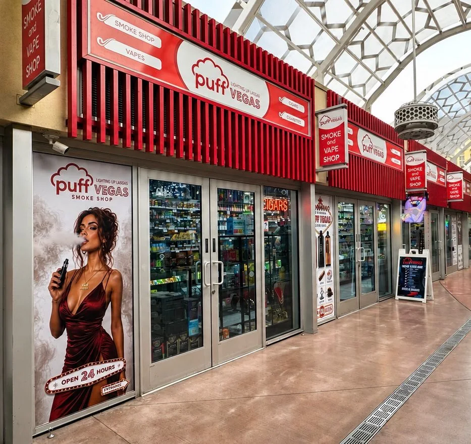 The Puff Vegas storefront from the Grand Bazaar promenade: red puff VEGAS awning, the shop window and its 24-hour marketing.