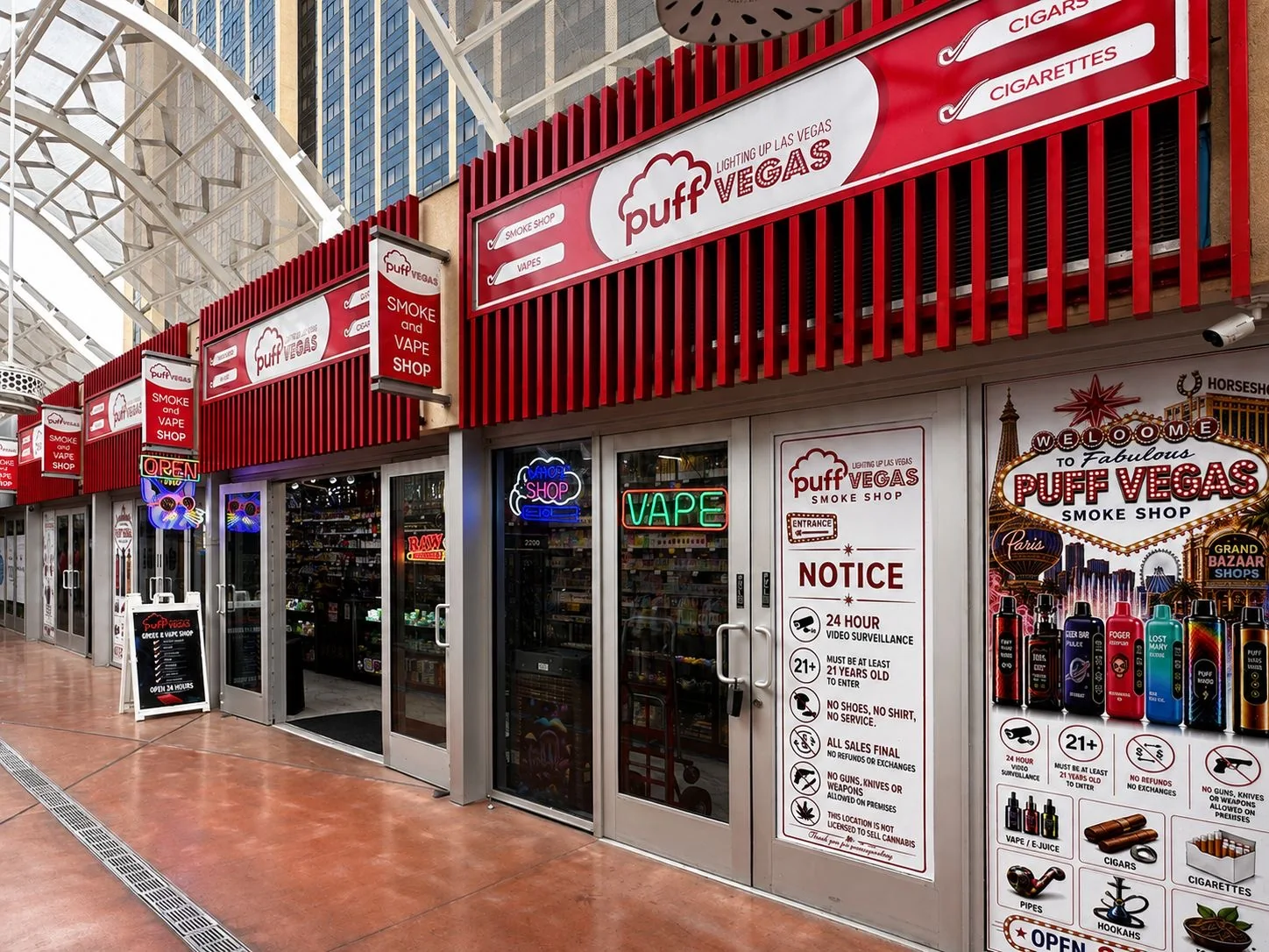 The Puff Vegas storefront inside Grand Bazaar Shops: red puff VEGAS awning, VAPE and SHOP neon, the 21+ notice board, and a Welcome to Puff Vegas poster.